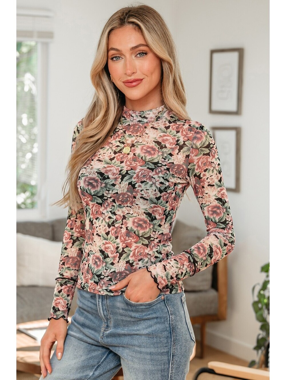 Floral Print Long Sleeve Mesh Top with Lettuce Hem